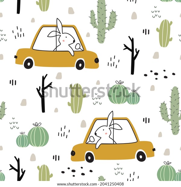 Cartoon transportation\
background for children Seamless Pattern Vector With Cars With\
Cactus cartoon style hand drawn design Used for prints, wallpaper,\
garments, textiles.
