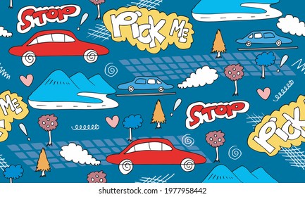 Cartoon Transportation Background for Kids with doodle Toy Cars and Nature with stop text and peak me for wallpaper,wrapping,textile and printing.vector illustration.