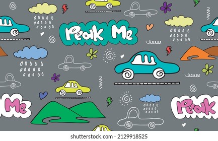 Cartoon Transportation Background for Kids with doodle Toy Cars and cloud with pick me text and flower for wallpaper,wrapping,textile and printing.vector illustration.