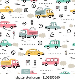 Cartoon Transportation Background for Kids. Vector Seamless Pattern with doodle Toy Cars and Traffic signs