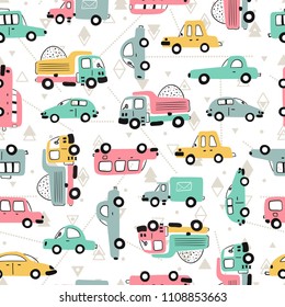 Cartoon Transportation Background for Kids. Vector Seamless Pattern with doodle Toy Cars