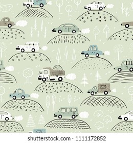 Cartoon Transportation Background for Kids. Vector Seamless Pattern with doodle Toy Cars and Nature with Hills and Trees