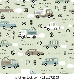 Cartoon Transportation Background for Kids. Vector Seamless Pattern with doodle Toy Cars and Traffic signs