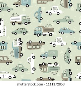 Cartoon Transportation Background for Kids. Vector Seamless Pattern with doodle Toy Cars