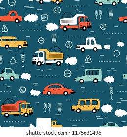 Cartoon Transportation Background for Kids. Vector Seamless Pattern with doodle Toy Cars and Traffic signs
