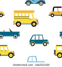 Cartoon Transportation Background for Kids. Vector Seamless Pattern with doodle Toy Cars