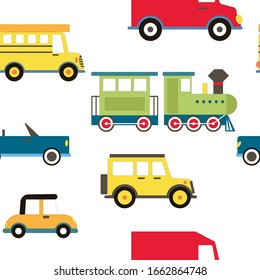 Cartoon Transportation Background for Kids. Vector Seamless Pattern with doodle Toy Cars