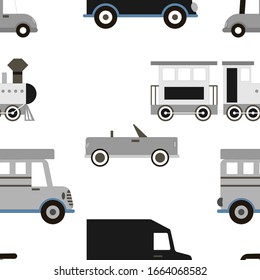 Cartoon Transportation Background for Kids. Vector Seamless Pattern with doodle Toy Cars