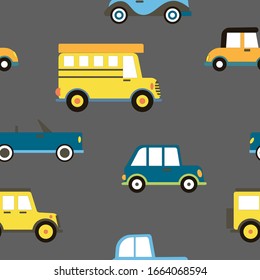 Cartoon Transportation Background for Kids. Vector Seamless Pattern with doodle Toy Cars