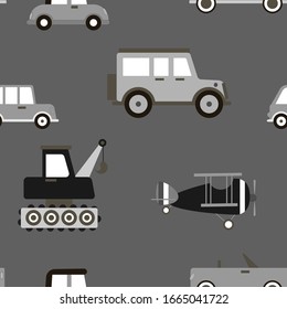 Cartoon Transportation Hintergrund für Kinder. Vektorillustration Nahtloses Muster mit doodlen Spielzeugautos
