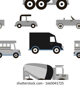 Cartoon Transportation Background for Kids. Vector Seamless Pattern with doodle Toy Cars