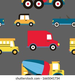 Cartoon Transportation Hintergrund für Kinder. Vektorillustration Nahtloses Muster mit doodlen Spielzeugautos