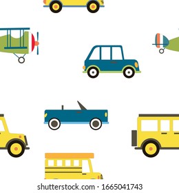 Cartoon Transportation Background for Kids. Vector Seamless Pattern with doodle Toy Cars