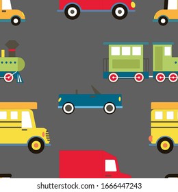 Fondo de transporte de caricaturas para niños. Patrón de vectores sin soldadura con Camiones de juguete
