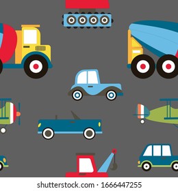 Cartoon Transportation Background for Kids. Vector Seamless Pattern with doodle Toy Cars