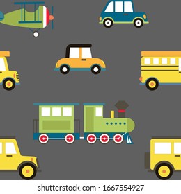 Cartoon Transportation Background for Kids. Vector Seamless Pattern with doodle Toy Cars