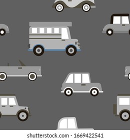 Fondo de transporte de caricaturas para niños. Patrón de vectores sin soldadura con Camiones de juguete