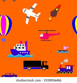 Cartoon Transportation Hintergrund für Kinder. Vektor-Nahtloses Muster mit Schildern zum Transport von doodlen Spielzeug