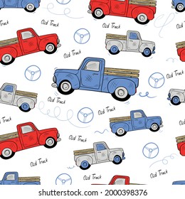 Fondo de transporte de caricaturas para niños. Patrón sin señales vectoriales con camiones viejos, coches de juguete y señales de tráfico