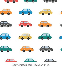 Cartoon Transportation Background for Kids. Vector Seamless Pattern with doodle Toy Cars and Traffic signs