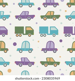 Fondo de transporte de caricaturas para niños. Patrón sin foco de vectores con coches sin corte 