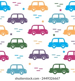 Cartoon Transportation Background for Kids. Vector Seamless Pattern with doodle Toy Cars