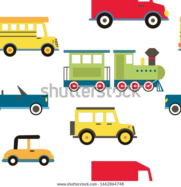 Cartoon Transportation Background for\
Kids. Vector Seamless Pattern with doodle Toy\
Cars