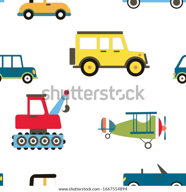 Cartoon Transportation Background for\
Kids. Vector Seamless Pattern with doodle Toy\
Cars