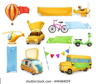 Cartoon transportation, cars and airplanes with banners and flags, set of vector graphic elements