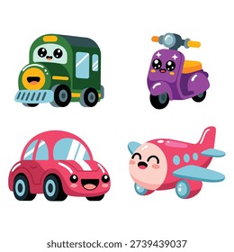 Cartoon transportation vector set with smiling bus, purple scooter, pink airplane and compact car, perfect for preschool learning, birthday invitations