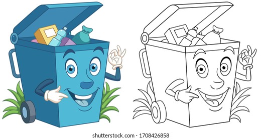 Cartoon trash can full of garbage. Coloring page and colorful clipart character. Cute design for t shirt print, icon, logo, label, patch or sticker. Vector illustration.