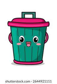 Cartoon trash can full of garbage. Coloring page and colorful clipart character. Cute design for t shirt print, icon, logo, label, patch or sticker. Vector illustration.