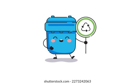 Cartoon trash can with recycling sign. Vector cute blue waste bin character for separation system.