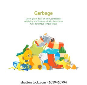 Cartoon Trash and Garbage Card Poster Ecology Recycling Concept Flat Design Style. Vector illustration of Waste