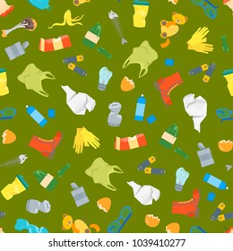 Cartoon Trash and Garbage Seamless Pattern Background Ecology Recycling Concept Flat Design Style. Vector illustration of Waste