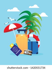 Cartoon Travel Accessories over Sky Color Backdrop with Clouds and Gulls. Vector Illustration with Tickets, Passport, Umbrella, Floating Ring, Coconut Palms, Luggage, Camera. Flat Advertising Banner