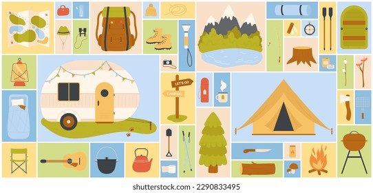Cartoon travel activity collection with tent and camper van for campsite, tools for picnic and fishing in square collage background. Camp set for summer outdoor adventure vector illustration