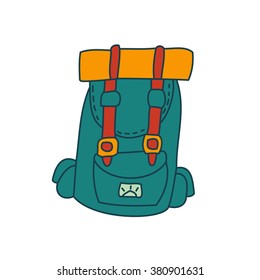 Cartoon travel backpack icon on the white background. Cute cartoon line illustration for adventure concept