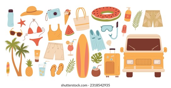 Cartoon travel and beach accessories. Summertime elements vector illustration. Vacation items for sea activities . Surfing, snorkeling, car, ice cream, fruits, cocktails, bikini, camera, palm tree