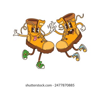 Botas de viaje de dibujos animados retro groovy campamento y personajes de turismo. Pareja de Vector aislado de personajes de calzado de color naranja con caras felices y lenguas fuera, bailando alegremente listo para la aventura de senderismo