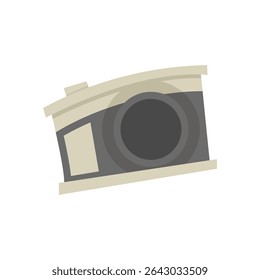 Icono de cámara de viaje de dibujos animados. Ilustración plana de dibujos animados de una cámara de estilo retro con un cuerpo gris curvo y una lente Grande. Diseño mínimo, aislado en el fondo blanco.