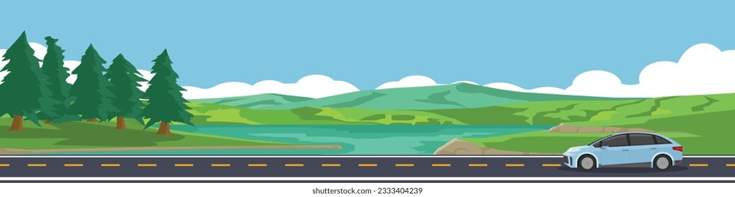 Cartoon travel car for banner. Car sedan for travel.  Asphalt road near field of river and mountain under clear sky for winter travel. Copy Space Flat Vector.