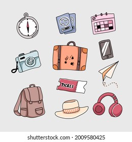 Cartoon travel concept illustration in flat style. Object on travel journey discovery. Such as compass, passport, calendar, camera, luggage, mobile phone, paper plane, ticket, backpack, sombrero
