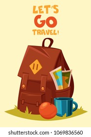 Cartoon travel kit. Backpack, map, cup, apple. Vector illustration. Tourism.