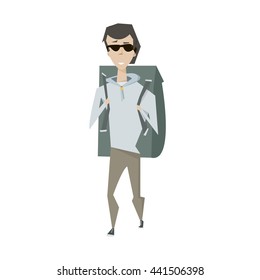 Cartoon travel man with big backpack vector illustration isolated over white