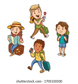cartoon travel people icons set