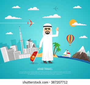 Cartoon travel poster with arab tourist in sunglasses on cityscape and landscape background vector illustration