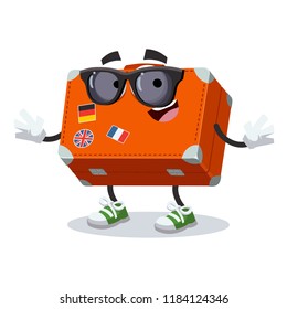 cartoon travel suitcase baggage character mascot in black sunglasses on a white background