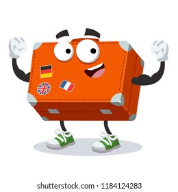 cartoon travel suitcase baggage shows its strength on a white background