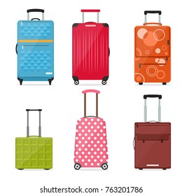 Cartoon Travel Suitcase Color Set Vacation and Tourism Concept Flat Design Style Isolated on White Background. Vector illustration